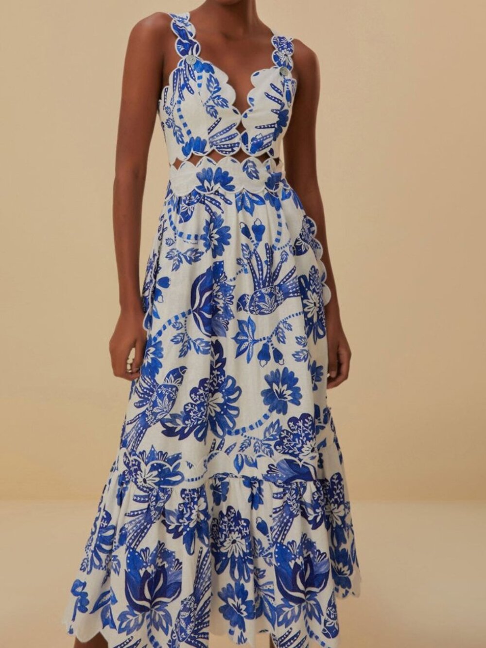 Farm Rio Off-White Flowerful Birds Midi Dress